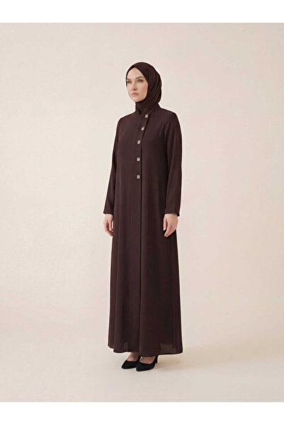 Beyza Giyim 9558 Ferace Kare Aksesuarlı Kahverengi