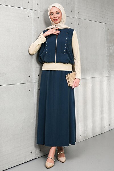 İmajButik Navy Blue Zippered Vest and Bady Skirt Three-Piece Set