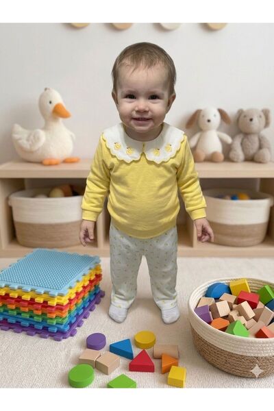 Ceylan Bebe Kız Bebek Ördek Nakışlı Bebe Yaka Sarı Alt Üst Takım - %100 Pamuk...
