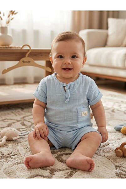 yol-çojuxs kids Erkek Bebek %100 Pamuk Müslin Alt Üst Takım - Mavi Yazlık Kıs...