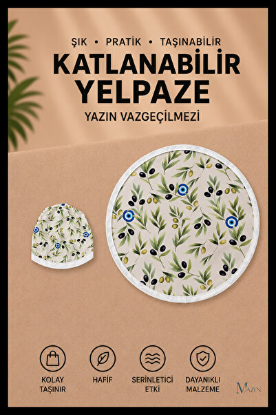 MAZEN Zeytin Desenli Katlanabilir Yuvarlak Yazlık Taşınabilir El Yelpazesi