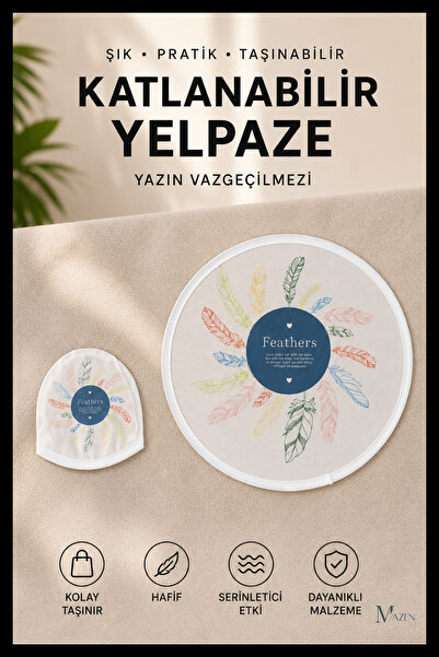 MAZEN Tüy Desenli Katlanabilir Yuvarlak Yazlık Taşınabilir El Yelpazesi