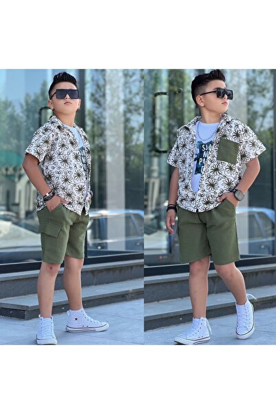 zavera for kids Boy's Muslin Summer Floral Patterned 3-Piece Set - Shorts - P...