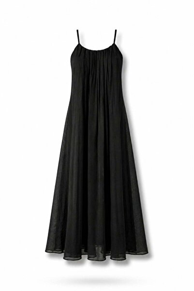 5in1Canpolat Black Pleated Maxi Dress 3413
