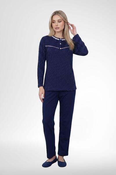 Mecit Pijama Mecit 6393 Lacivert %100 Pamuk Pembe Puantiyeli Kadın Sabahlık Pijama Gecelik Set