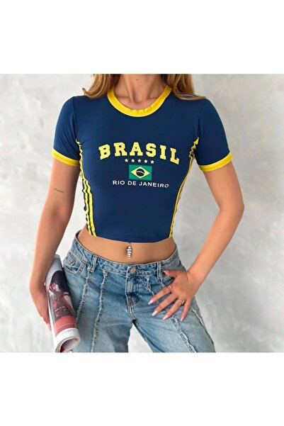 eyonnwear Tricou crop cu mânecă scurtă, cu imprimeu Vintage Brasil