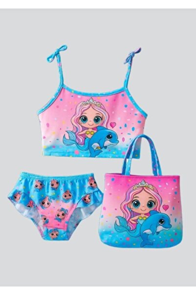 YDBKStore Kız Çocuk Baskılı Eteği Fırfırlı- ip Askılı ÇANTA- Mayo- Bikini 3 l...
