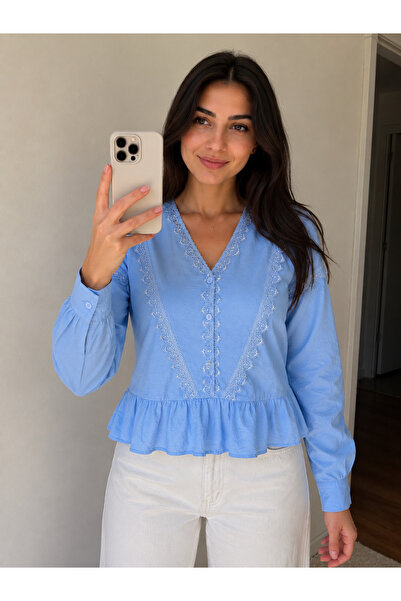 ayz collection Dantel Detaylı V Yaka Fırfırlı Kadın Uzun Kollu Vintage Gömlek
