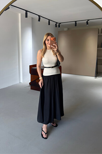 Sezgi Tekin Belted Embroidery Detail Black Contrast Dress