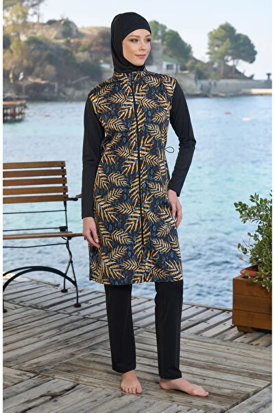 sefamerve Palm Tree Patterned Full Coverage Hijab Swimsuit 25942-01 Black