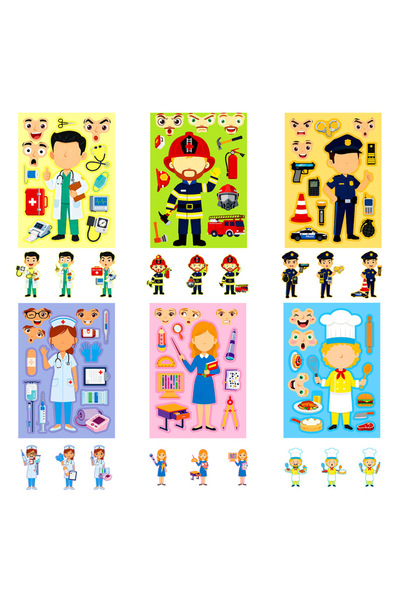 Choice 6pcs 6/12 Pcs Large Different Profession Make A Face Stickers Educatio...