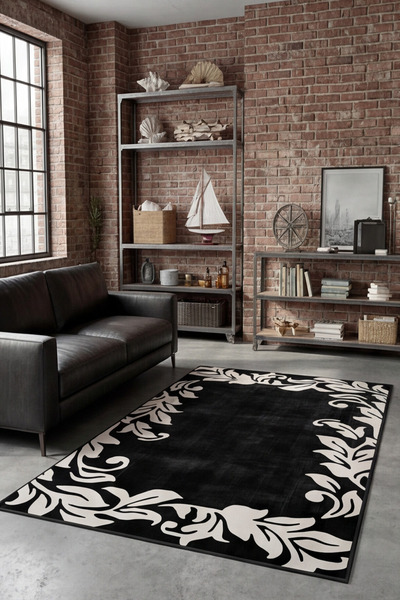 MENTEŞ HOME Modern Dijital Baskı Siyah Yaprak Desenli Kaymaz Taban Yıkanabili...