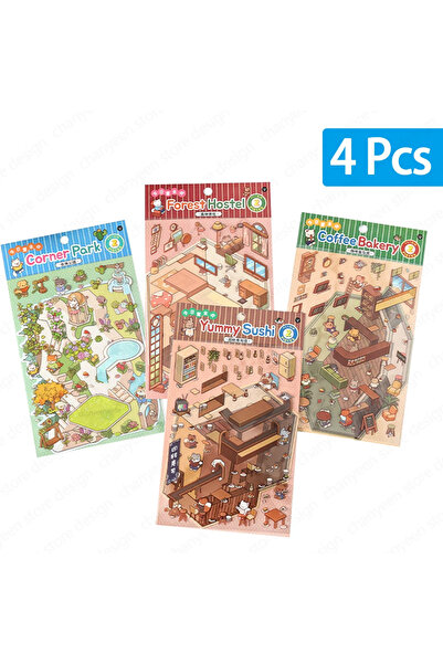 Choice3 4 قطع ملصقات ثلاثية الأبعاد بتصميم مشهد قرية الغابة الكرتونية، مشهد ك...