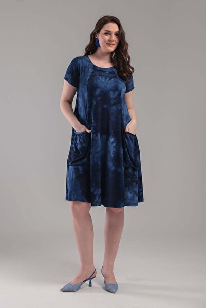 Madwilo Women's Navy Blue Tie-Dye Painting Casual Dress with Pockets, 42-54 C...