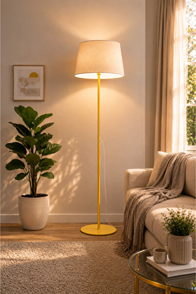 Luna Lighting Lucca Model Sarı Metal Ayaklı Bohem Lambader 145 cm Kumaş Başlı...