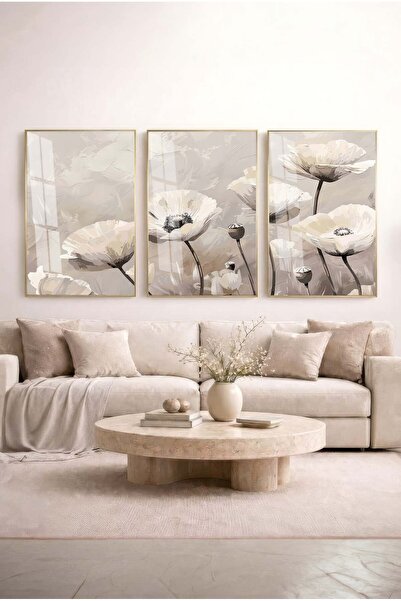 Zevahir Mobilya Dekorasyon Modern Neutral Tone Cream Poppy Flowers 3-Piece Gl...