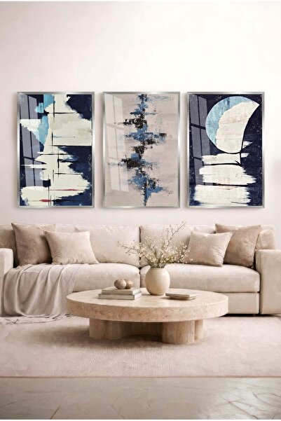 Zevahir Mobilya Dekorasyon Navy Blue and Spatula Patterned Boho 3-Piece Glass...