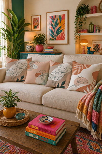 LadiesHome Minimal Floral Patterned 4-Piece Throw Pillow Cover 43X43 cm Doubl...