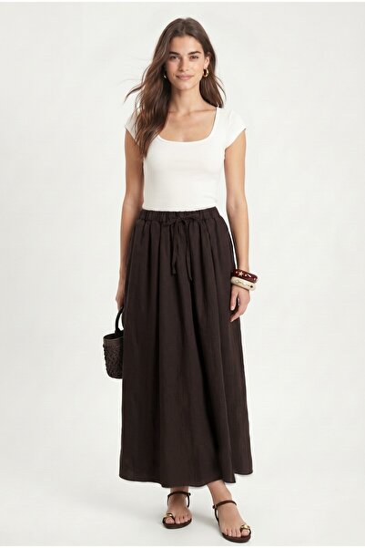 Ritnice Women's Lotus Lined Woven Modal Long Woven Brown Skirt with Elastic W...