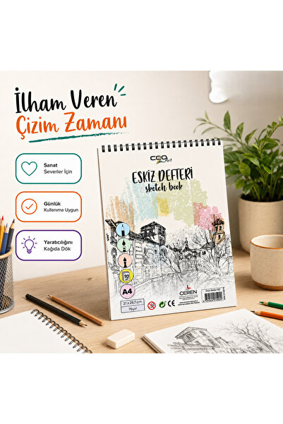 Ceren A4 Eskiz Defteri 120 Gr 50 Yaprak Spiralli - Kaliteli Çizim ve Karalama...