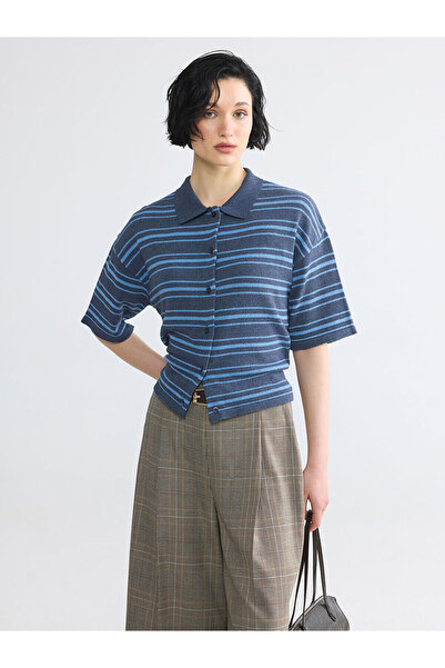 LC Waikiki Nevavm Women's Striped Polo Collar Knitwear Cardigan with a Differ...