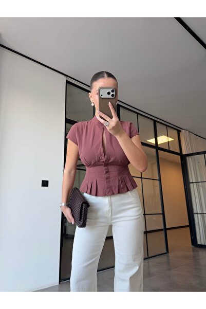 BB Bensu Buyruk Linen Blouse with Fine Detailing and Low-Cut Neckline, Tile P...