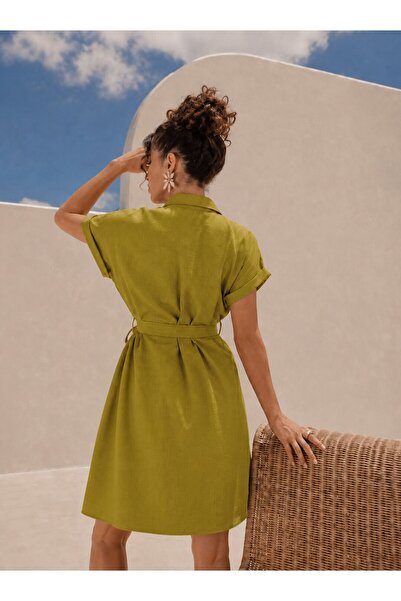 armonika Women's Pistachio Green Belted Short Sleeve Shirt Dress Arm-26Y001111