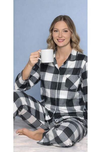 DOWRY Women's Winter Thick Woven Plaid Pajama Set – Buttoned Long Sleeve Comf...