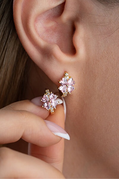 Silvano Jewelry 925 Ayar Gümüş Altın Kaplama Pembe Taşlı Yonca Halka Küpe