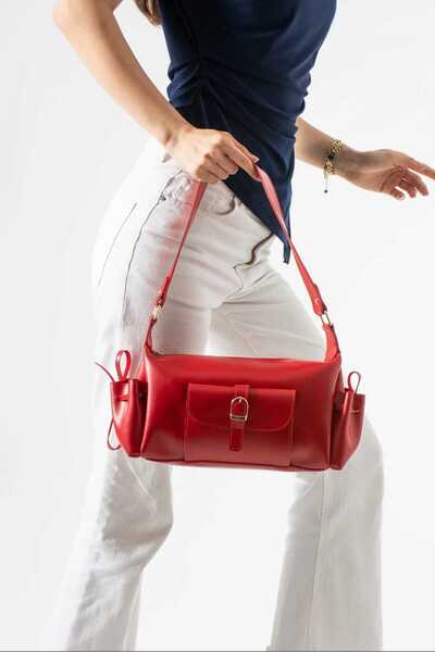 ÖZÜM ÇANTA Marino Model Women's Hand and Shoulder Bag with Pockets Red