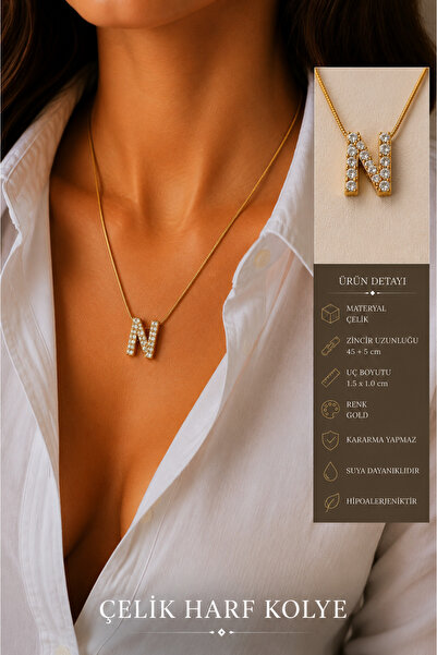 Jack Ferrero Steel Zircon Stone Gold Balloon Letter Necklace