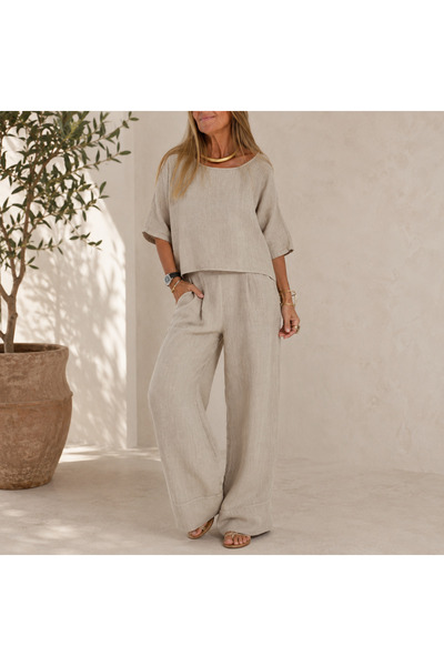 Cristina Serene Λινό Σετ Oversized Μπλούζα & Παντελόνα σε Μπεζ Απόχρωση