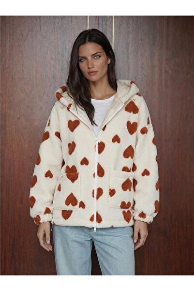 WeShaya Tan Polyester Textured Lining Detailed Hooded Plush Zipper Pocket Lon...