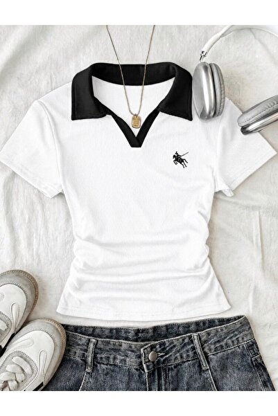 Violon Women's Polo Collar Embroidery Detailed Camisole Slim Fit T-Shirt