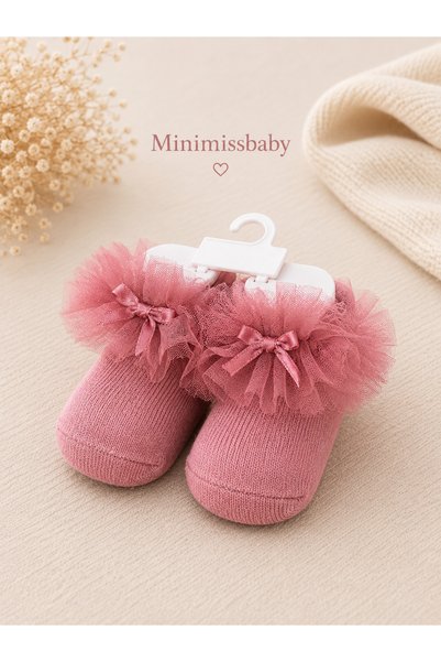 Minimissbaby طقم جوارب من التول للفتيات الصغيرات مكون من قطعتين مع تفاصيل فيونكة