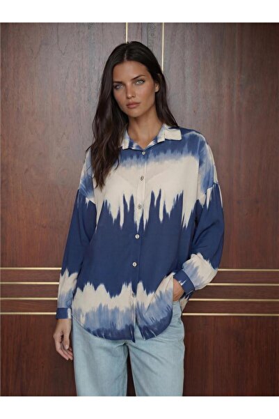 WeShaya Navy Blue Polyester Fabric Buttoned Off-Shoulder Patterned Oversize L...