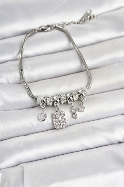 Generic Brand Brass Silver Color Flower Detailed Charm Women's Bracelet 5886