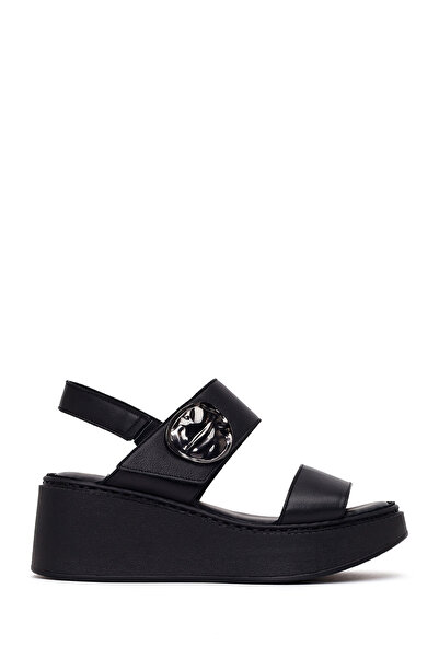 Derimod Women's Black Strappy Wedge Heeled Leather Comfort Sandals 26Sfd342218