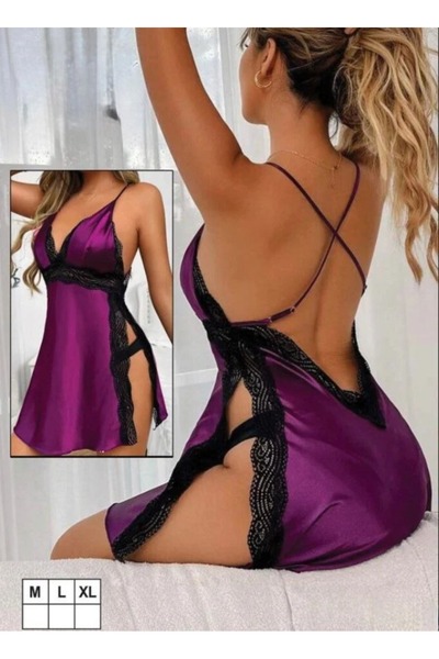 Nice Model قميص نوم ساتان أرجواني بفتحة جانبية وتصميم ظهر مكشوف