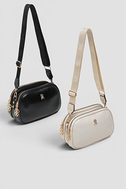 Cochines Women's Black Cream Klasya Leather Bag with 3 Compartments, Cross-Co...