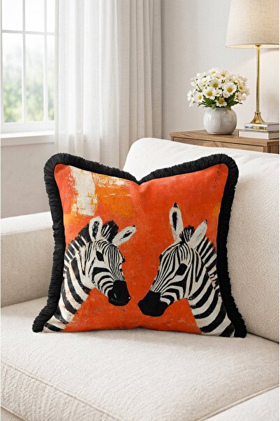 IdeCraft Two Zebras Patterned Fringed Throw Pillow Cover on Orange Background...