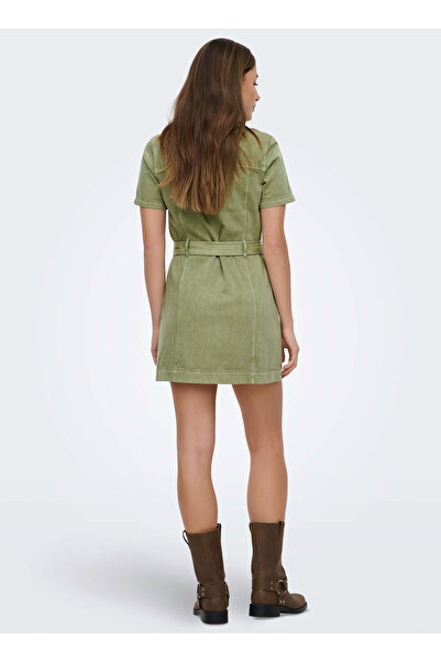 ONLY Yağ Yeşili Kadın Gömlek Normal Elbise ONLSILLA S/S ZIP BELT SHORT DRESS P