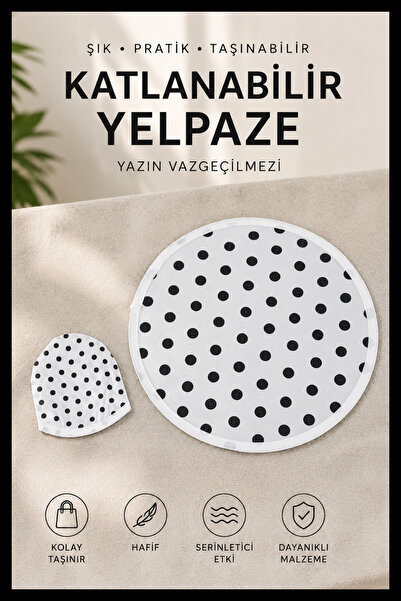 MAZEN Puantiye Desenli Katlanabilir Yuvarlak Yazlık Taşınabilir El Yelpazesi