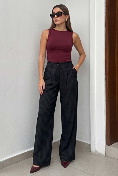 Madmext Black Striped High Waist Palazzo Trousers Mg2820
