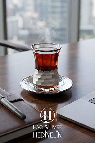 HUH Hac & Umre Hediyelik Kulplu Platin Çay Bardak Seti | 6 Kişilik Çay Takımı...