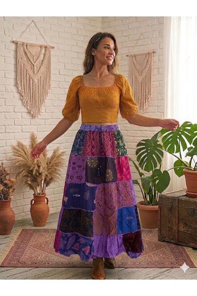 AYASOFYA OTANTIK Fusta lungă cu model etnic nepalez pentru femei model petici...