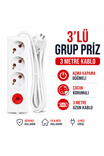 Mutlusan 3’lü Grup Priz 3 Metre Kablolu Düğmeli Çocuk Korumalı Uzatma Kablosu