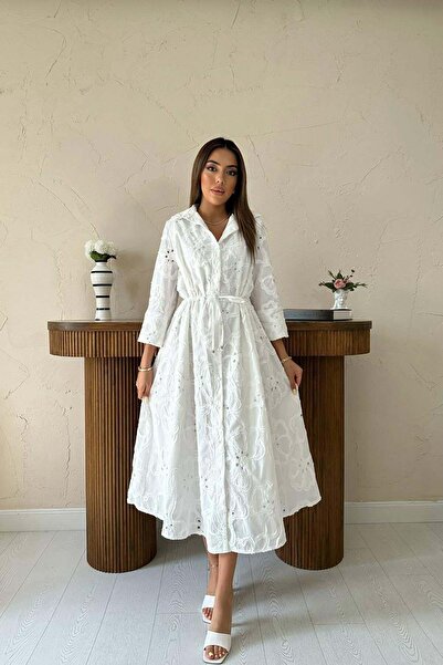 Maxi modena Beyaz Bel Çevresi Bağcıklı Brode Elbise