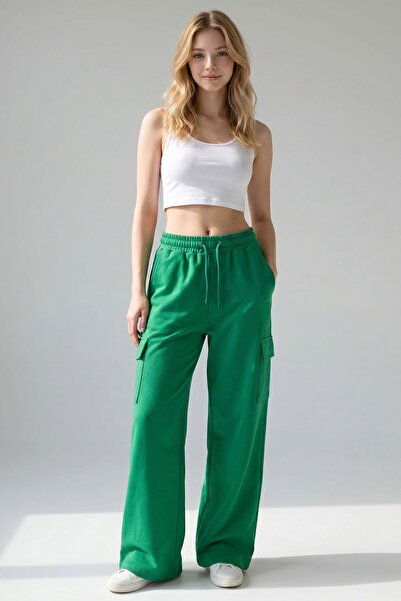 bacc Green Cargo Pocket Wide Leg Sweatpants
