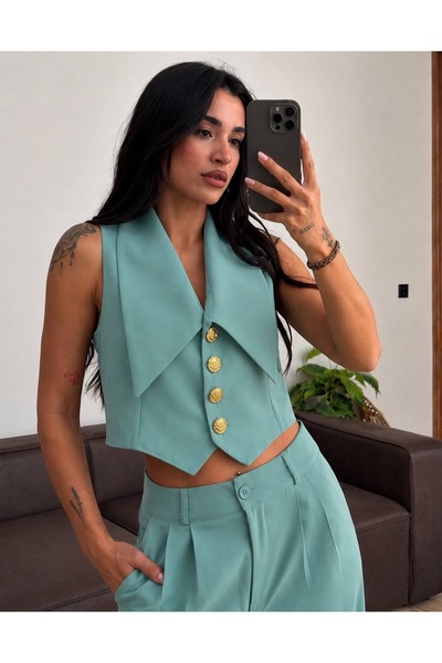 BEYUSİRA Kadın Şık Yelek Pantolon İkili Takım * Gold Düğmeli Crop Yelek Palaz...